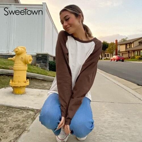 Sweetown Autumn 2021 Patchwork Long Sleeve Y2K T-Shirt Korean Fashion Casual Oversized Woman Tshirts O Neck Loose E Girl Tees