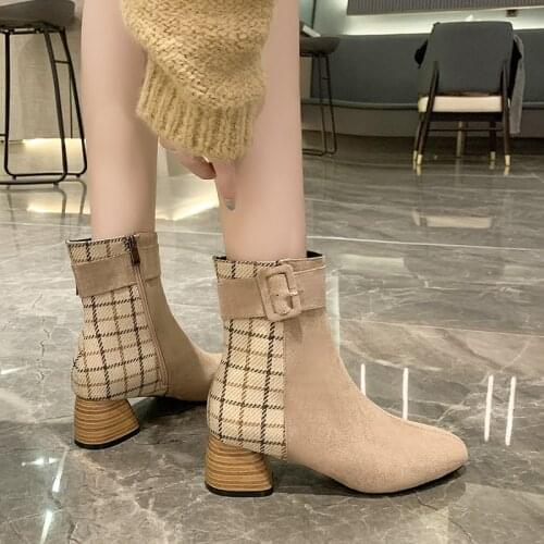 Womens New Color Matching Check Pattern Ankle Boots Lady Flocking Thick-Heeled Metal Boots Side Zipper Round Toe Womens Shoes
