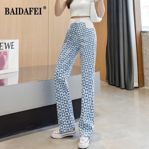 2021 Autumn New High Street Blue and White Contrast Retro Printing Ladies Casual Pants Straight Loose All-match Girls Jeans