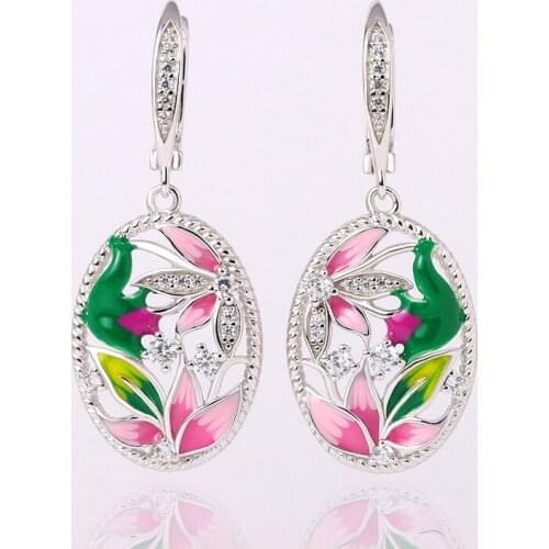 Buyee Luxury Earrings Women Pink Lotus Flower Real 925 Sterling Silver Fashion Perfect Party Wedding Earring for Women Jewelry