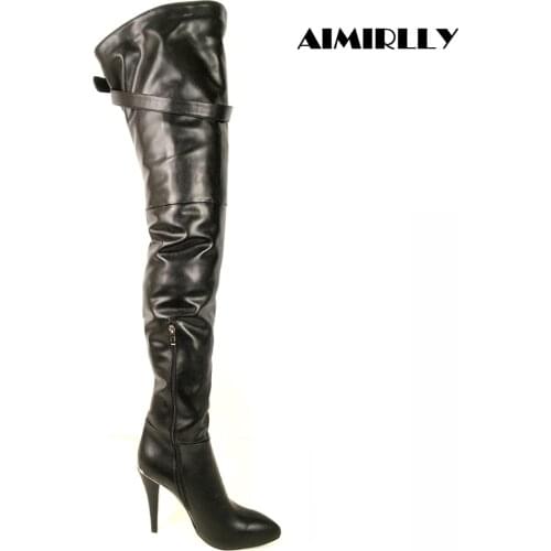 Womens Boots Pointed Toe High Heel Thigh High Over the Knee Boots Side Zipper Thigh Buckle Stiletto Big Size Black