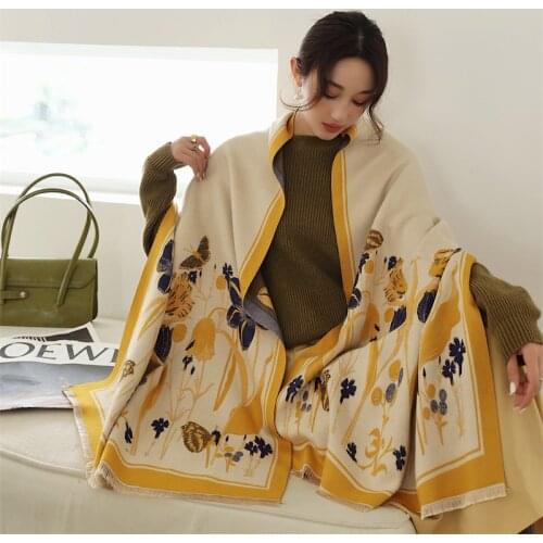 Women Thick Warm Winter Scarf Cashmere Pashmina Shawls Wraps Floral Print Elegant Bufanda Female Echarpe Scarves for Lady