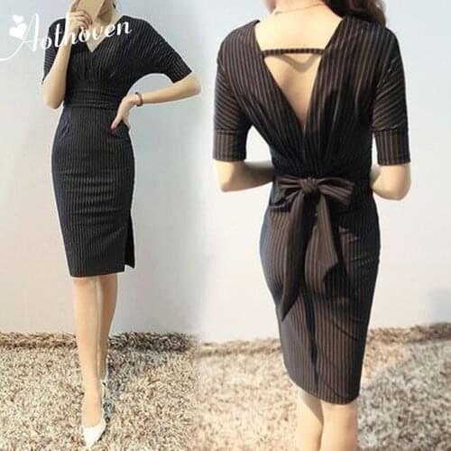 Summer Office Black Striped Pencil Dress Women Elegant V Neck Short Sleeve Backless Dress Sexy Party Bandage Dresses Vestidos