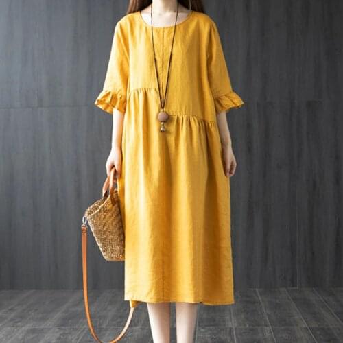 2021 New Arrival Short Sleeve Loose Summer Dress Soft Cotton Linen Vintage Dress Solid Color Women Holiday Travel Casual Dress