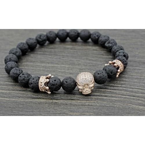 8mm hdf2 silver gold Crown skull adjusted black volcanic lava micro pave cz zircon cubic zirconia Bracelet essential oils