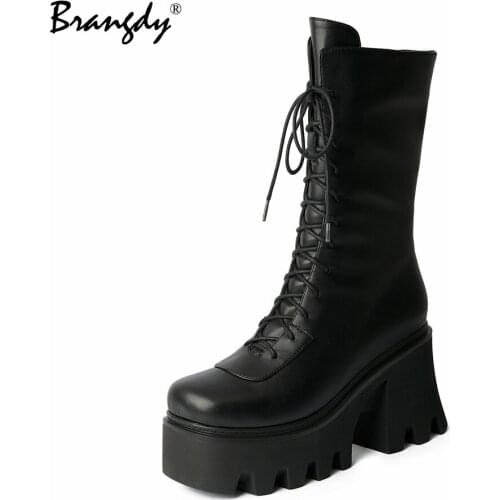 Brangdy Fashion Women Mid Calf Boots Genuine Leather Chunky Heels Womens Goth Shoes Zipper Women Winter Boots Lace Size 34-39