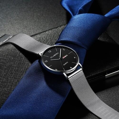 CUENA New Fashion Mens Watches Top Brand Luxury Quartz Watch Men Mesh Steel Waterproof Ultra-thin Wristwatch For Men Sport Clock