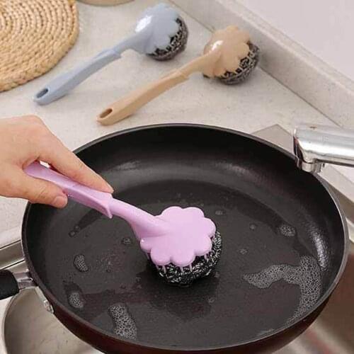 Long Handle Flower Steel Wire Ball Brush Dishwashing Pot Cleaning Tool Kitchen Cutlery Cleaner
