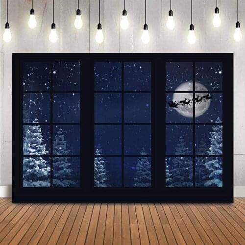 Christmas night sky Full moon night backdrop for photography studio windows pine forest photo booth background photocall prop