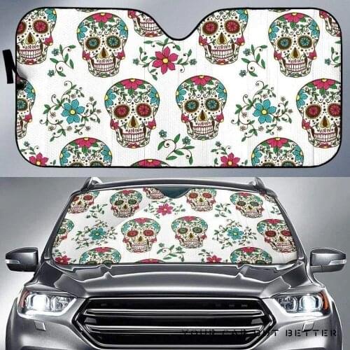 INSTANTARTS Girly Floral Rose Sugar Skull Skeleton Pattern Durable Windshield Sun Shades Stylish Sunshade for Car Windshield