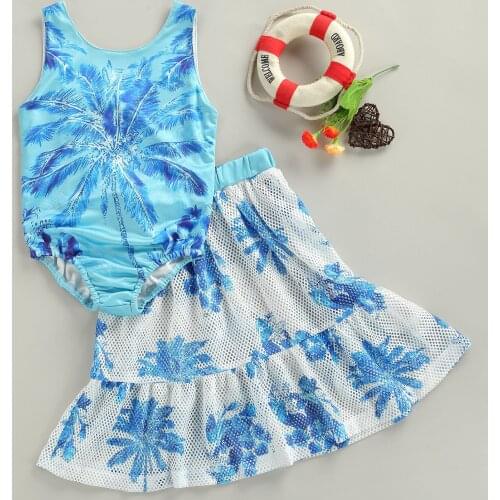 FOCUSNORM Summer Lovely Kids Girls Clothes Sets Swimsuit Floral Printed Sleeveless Tops Lace Hollow Out Skirts 1-6Y
