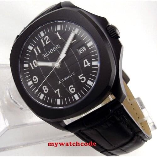 Square 40mm Bliger black dial date black PVD case sapphire glass automatic movement mens watch