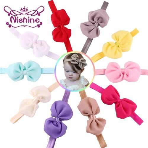 Nishine 14pcs/lot Elastic Bow Knot Headbands Chiffon Flower Hairbands Kids Floral Hair Accessory(Color:14 Colors)