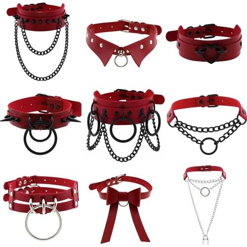 Punk Metal Tassel Pendant Red PU Leather Choker Collar Sexy Spiked Neck Strap Clavicle Men Necklaces for Women Gothic Jewelry