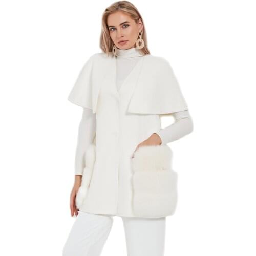 Pudi Women Real Fur Coat Jacket Female Lady Wool Blends Fox Fur Vest Coats Jackets Long Trench CT120