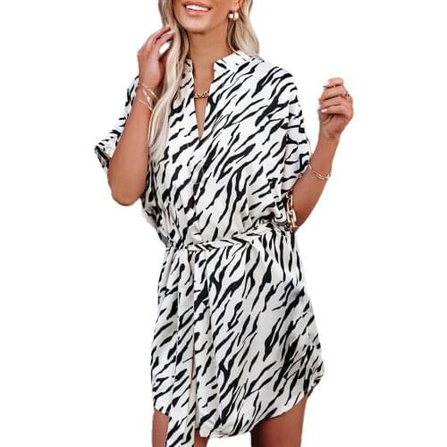 Women Summer New Casual Holiday Wear Irregular Dress,Adults Tie-Up Zebra-Stripe Print V-Neck Loose Short Sleeve Dress