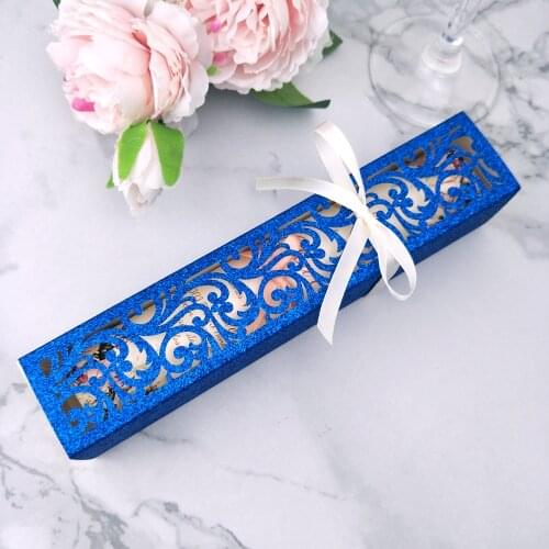 50pcs Blue Glitter Paper Exquisite Laser Cut Wedding Party Invitation Box, Gold Silver Red Sprinkle Candy Box with Ribbon