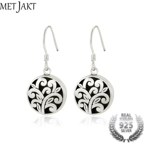 MetJakt Real Pattern 925 Sterling Silver Vintage Drop Earrings&Petal Pendant Hook Earring for Women Retro Ethnic Style Jewelry