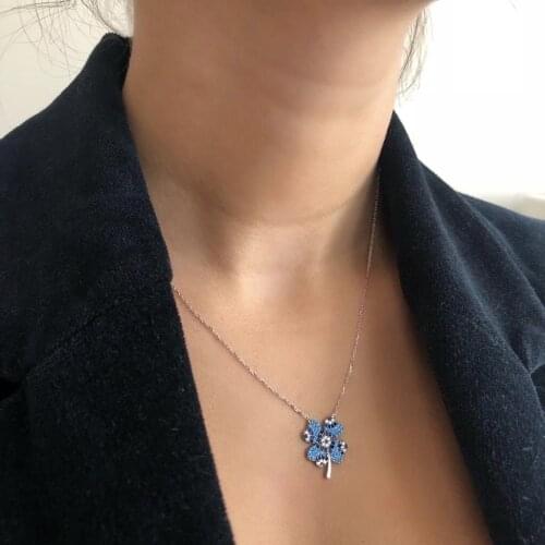 Blue Toned Clover 925 Sterling Silver Necklace Women Girls Gift Jewelry Accessories Fashion Handmade Elegant Chain