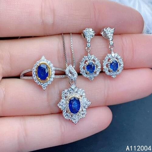 KJJEAXCMY Fine Jewelry 925 sterling silver inlaid natural sapphire female ring pendant earring set fashion supports test