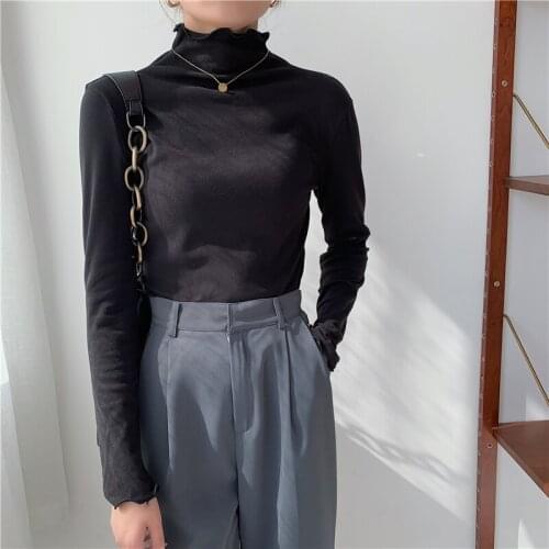 Tops Women 2021 Half Turtleneck DE Velvet Fabric T-shirts Long Sleeve Stretch Solid Soft Edible Tree Fungus Winter Tees T049