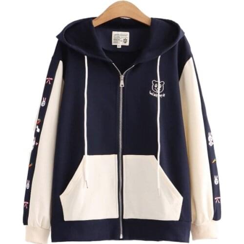 Women Zipper Hooded Jackets Cartoon Bear Embroidery Kawaii Coat 2021 Autumn Full Sleeve Sweet Female Pocket Drawstring Outerwear