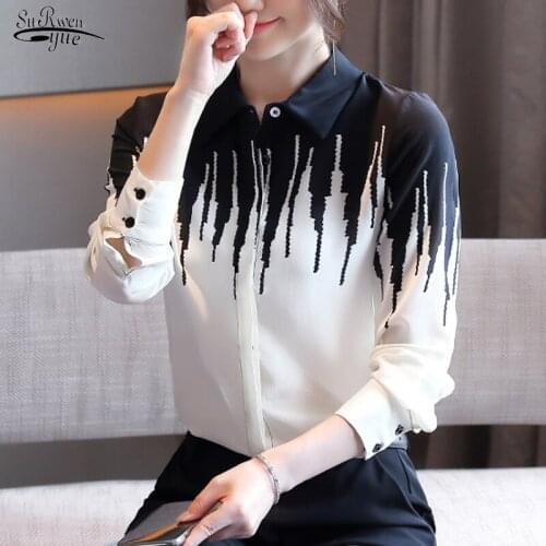2021 Autumn Black and White Chiffon Blouse Women Office Lady Long Sleeve Button Cardigan Women Shirts Print Ladies Clothes 11052