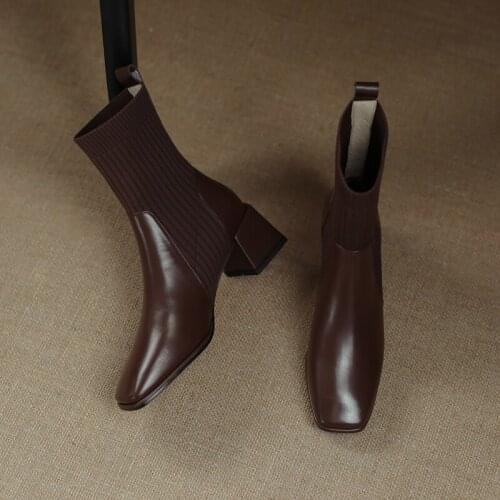 Dovereiss Fashion Womens Shoes Winter Sexy Elegant Concise Mature new Pure color brown Square toe Slip on ankle boots 34-42