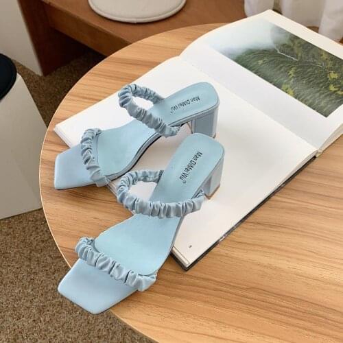 Plus Size 41 2021 Women Slippers Dress Shoes Elegant Folds Slides High Heels Leisure Summer Outdoor Beach Slip On Ladies Sandals