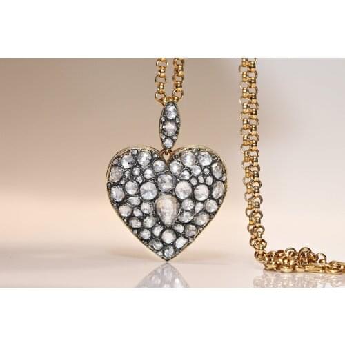 Antique Victorian Style New Made 14k Gold Natural Rose Cut Diamond Decorated Heart Necklace