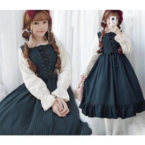 Harajuku Women Lolita Style Party Dress Gothic Bow Patchwork Cute Girl Cosplay Dress Kawaii Ruffles Dress D385