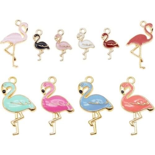 Julie Wang 10PCS Enamel Flamingo Charms Mixed Styles Colors Bird Animal Bracelet Necklace Earring Alloy Jewelry Making Accessory
