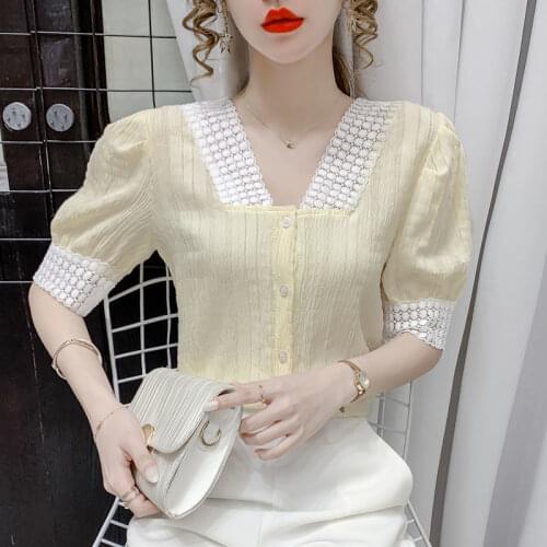 2021 Summer Casual Womens Chiffon Blouses Female Fashion V Collar Shirt Sweet Short Puff Sleeve Solid Color Blouse Tops Q375