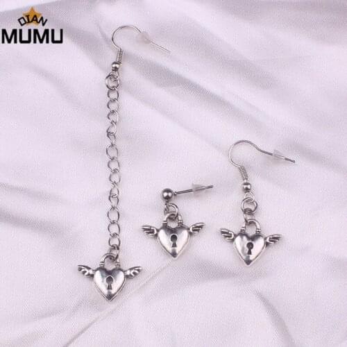 Antique silver double angel wings earrings lock heart pendant earrings exquisite hip-hop female long chain personalized earrings