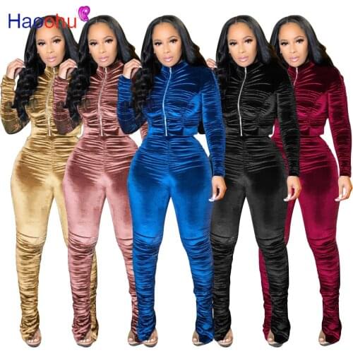 HAOOHU Active Velvet Stacked Sweatsuit Womens Set Zipper Jacket Pants Suit Streetwear Tracksuit Two Piece Set Fitness Outfit