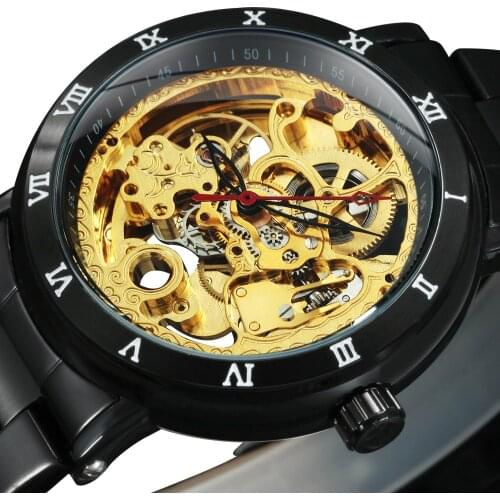 Forsining 2021 Retro Royal Flower Golden Skeleton Watch Red Black Pointers Stainless Steel Mens Watches Top Brand Luxury Clock