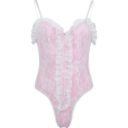 Men Gay Hot Erotic Sissy Sexy Lingerie High Cut Ruffle Lace Teddy Bodysuit Nightwear Underwear Porno Sleepwear Catsuit Romper