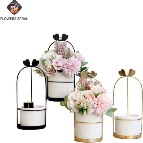 Nordic Ceramic Flower Pot Gilded Succulent Flower Pot Iron Frame Flower Stand Ceramic Hydroponic Flowerpot Green Plant Flowerpot