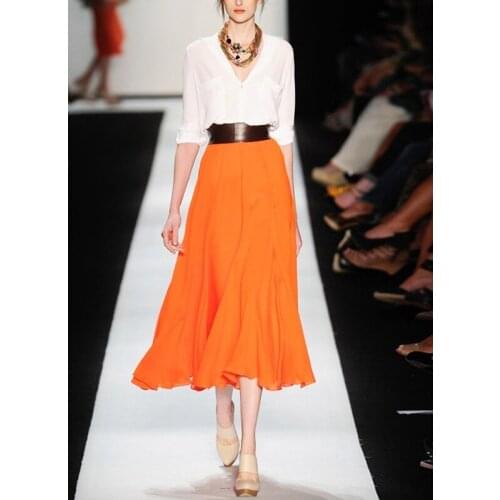 New White Long Sleeve Shirt +Orange Skirt Womens Skirt Set 210526MX01