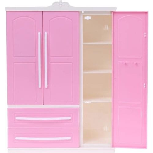 Fashion Dollhouse Furniture Accessories Three-door Pink Wardrobe Play for Dolls Put Shoes Clothes with Dressing Mirror Girls Toy