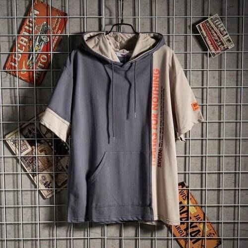 Mens 2021 summer new stitching trend Hoodie loose versatile half sleeve top
