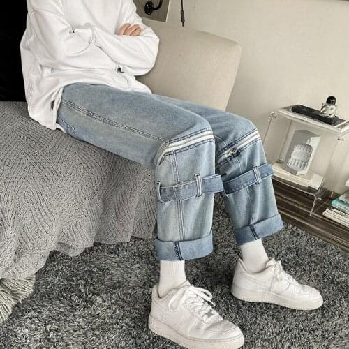 Washed Light Blue Jeans Loose Straight Wide-leg Trousers Casual Streetwear Trendy Brand Detachable Denim Hiphop Pants Clothing