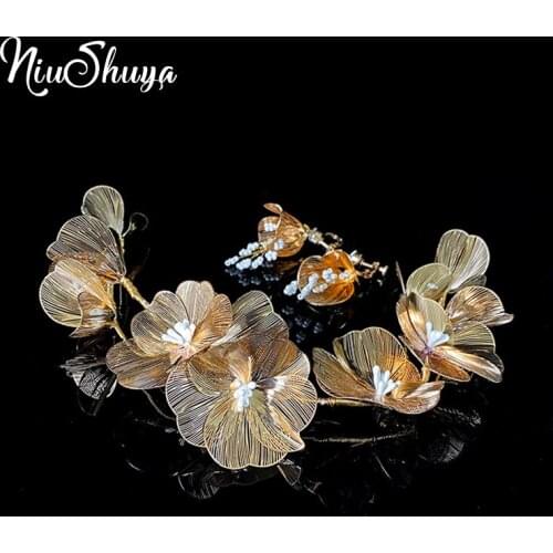 NiuShuya Gold Petals Side Flower Hairwear Bridal Wedding Headpiece Noble Party Headdress Hair Accessories