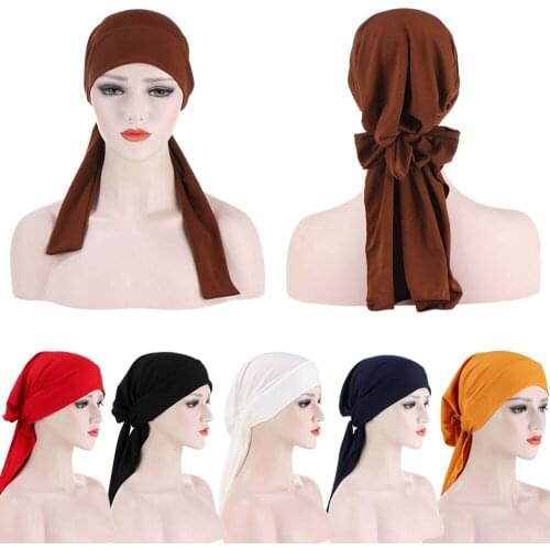 New Women Hijab Turban Bowknot Long Tail Headscarf Muslim Chemo Cap Islamic Head Wrap Scarf Beanie Bonnet Fashion Cancer Hat Cap