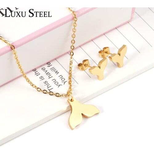 LUXUSTEEL Cute Earrings For Women Stainless Steel Gold Color Mermaid Tail Pendant Necklace Women Collars Choker Accessories Gift