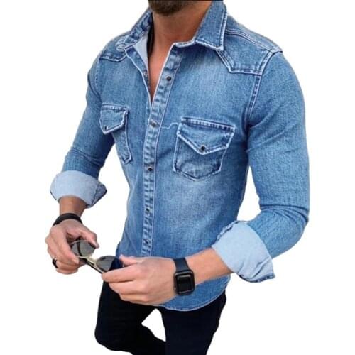 Shirts Men Fashion Pockets Turn Down Collar Long Sleeve Outerwear Slim Buttons Shirt Mens Clothing 2021