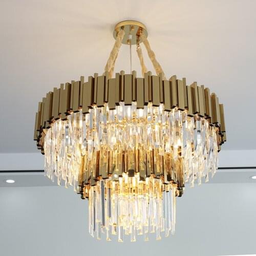 Modern stylish Round Large Crystal Chandelier Lamp for Luxury LivingRoom Gold Chain Stainless Steel Chandeliers Lighting Fixture