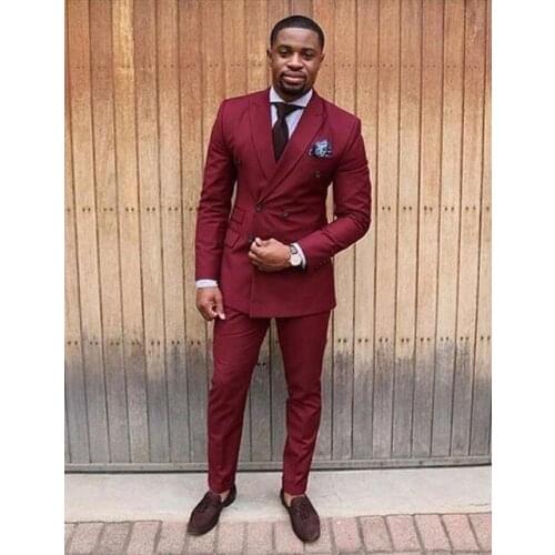 Custom Made Burgundy Double Breasted Tuxedo Skinny Men Suit Slim Fit 2 Piece Prom Suits Custom Groom Blazer Jacket+Pants