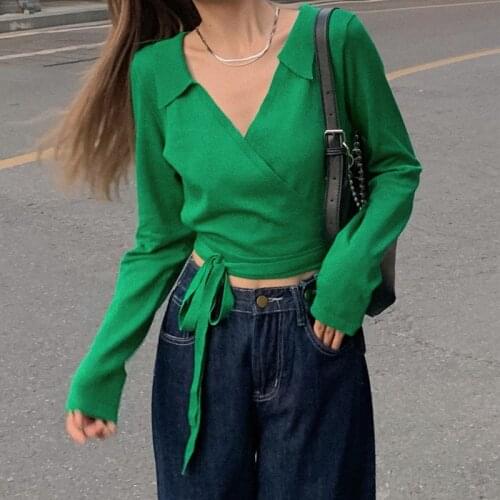 Green Y2k Cropped Tops Women French Vintage V-neck High Waist Bandage Knitted Sweater Autumn New Long Sleeve Pullovers