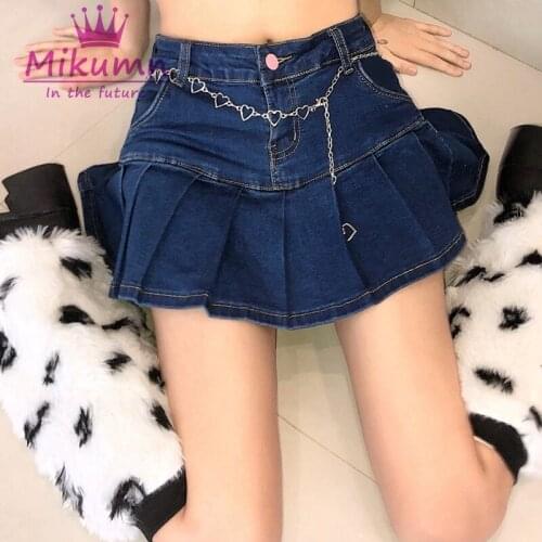 Japanese Harajuku Girl High Waist Cute Denim Pleated Skirts Summer Preppy Style Lolita Sweet Mini Shorts Skirts